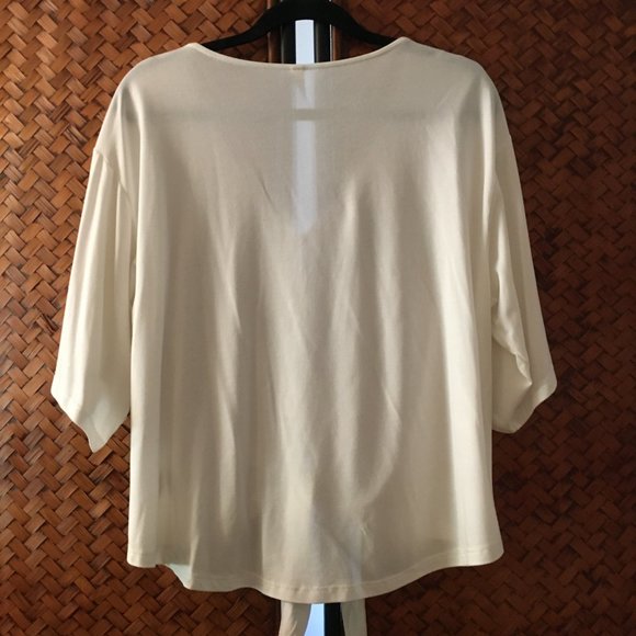 Wishlist Button Down Bamboo Semi Cropped Box Sleeve Front Tie Top - Picture 3 of 14